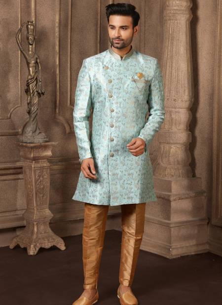 Sky Blue Colour Party Wear Jacquard Silk Digital Print Indo Western Mens Collection 9222